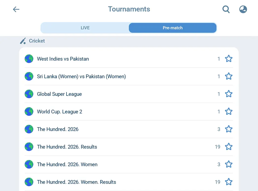 Cricket betting in the 1xBet Pakistan app