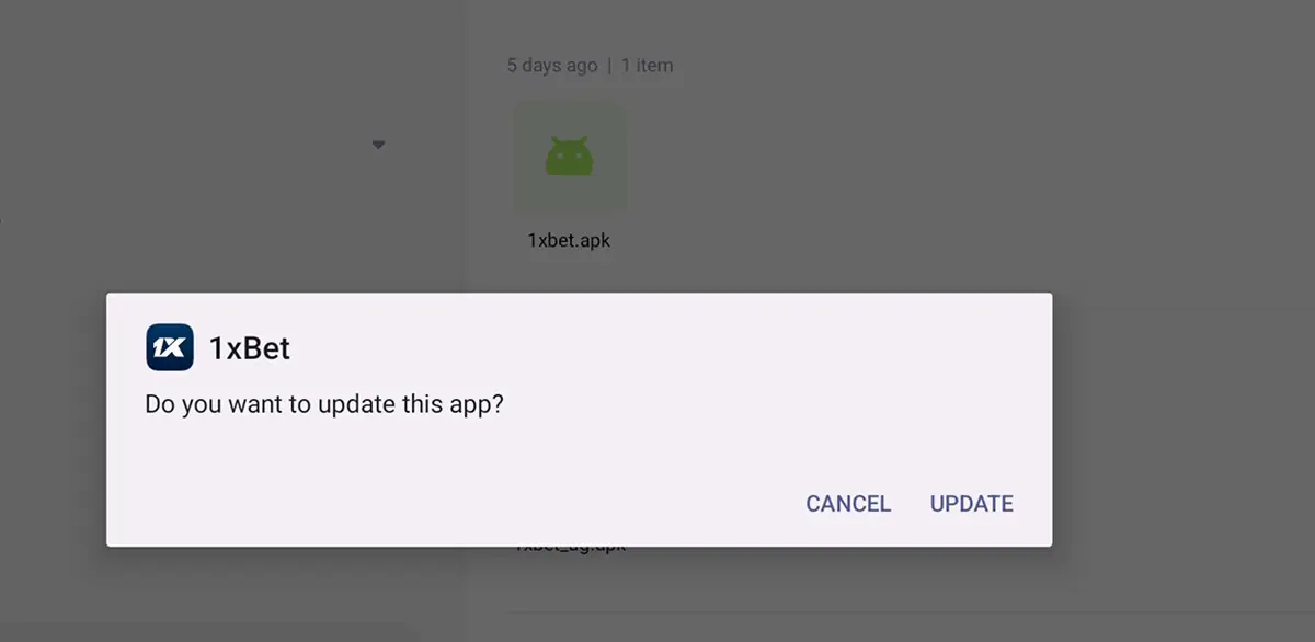 1xBet Android app update screen