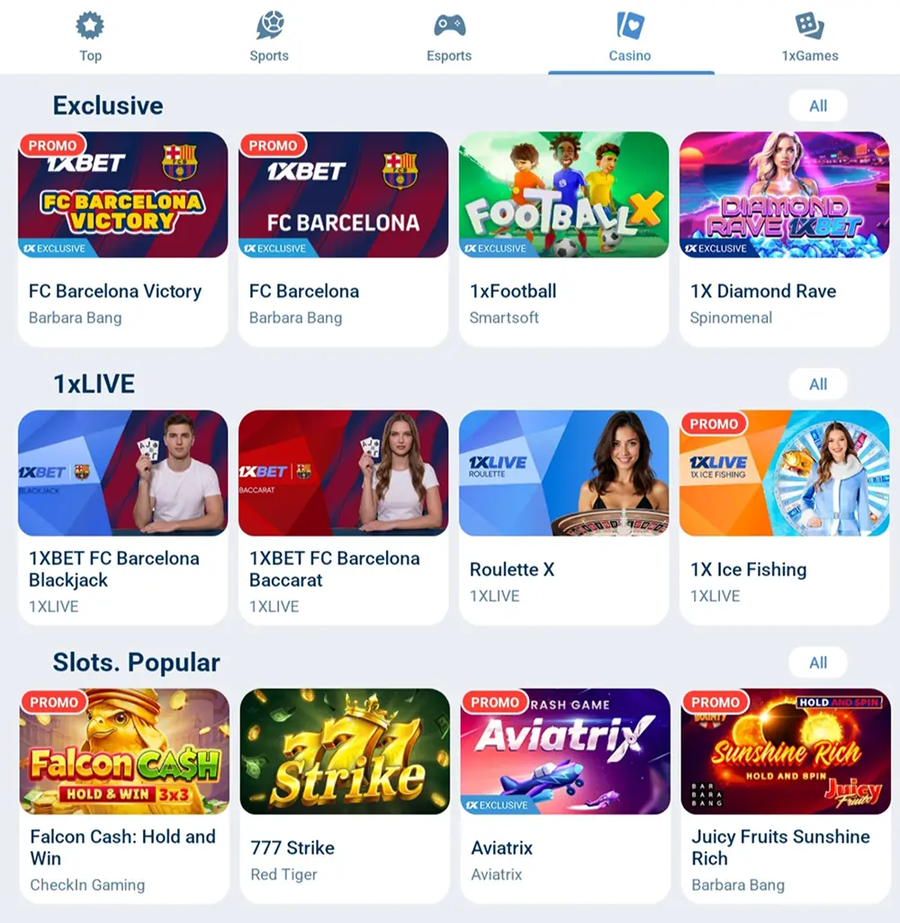 Casino games in the 1xBet mobile app