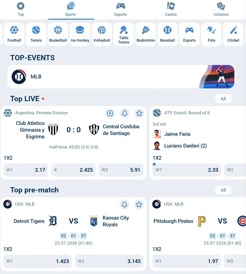 1xBet mobile sportsbook interface