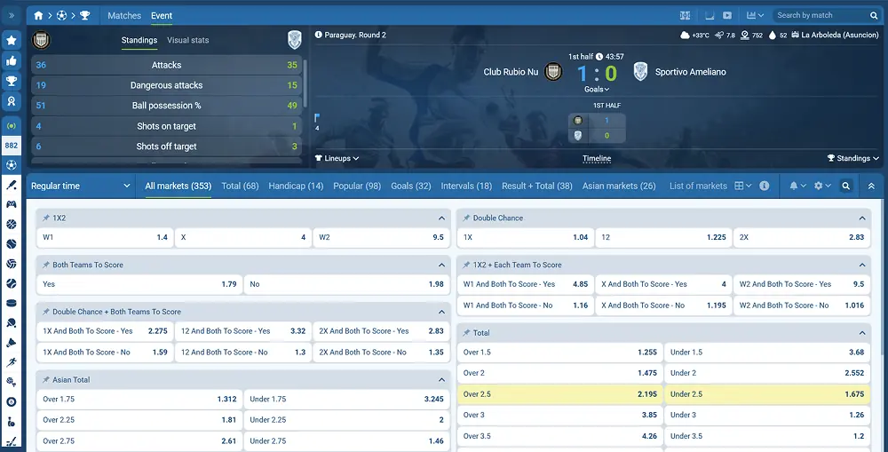 1xBet live match details and betting statistics