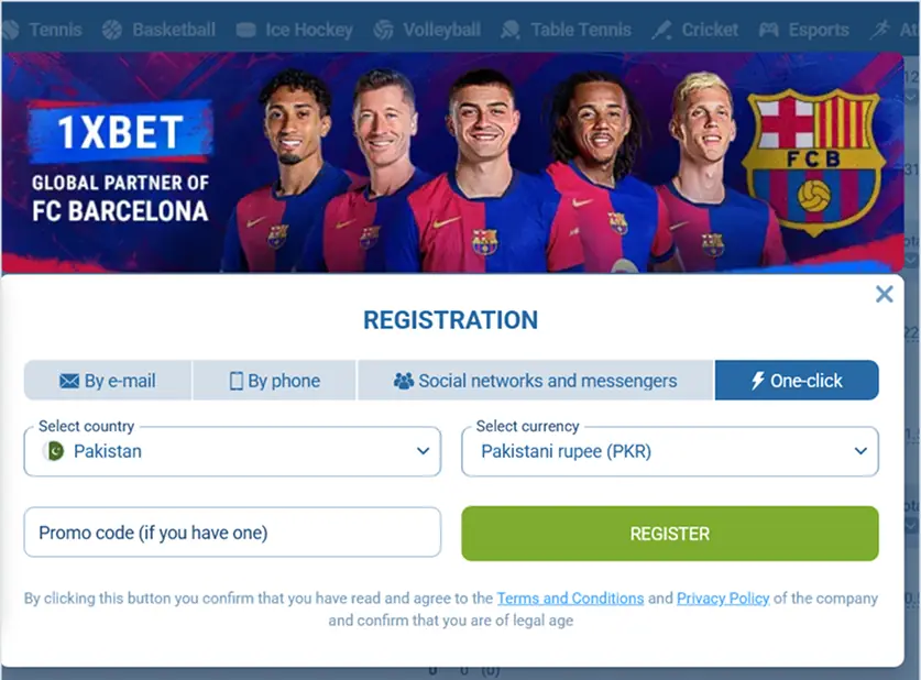 1xBet Pakistan account registration form