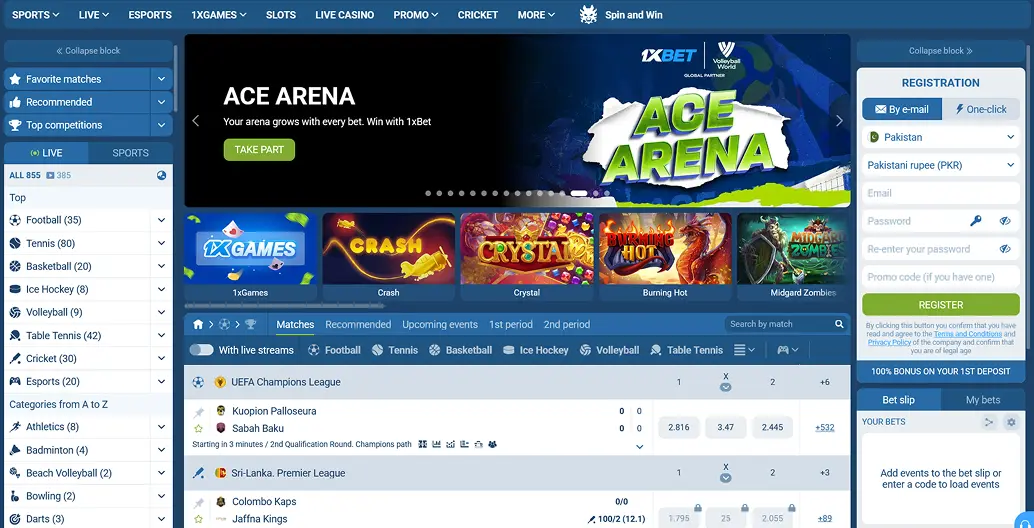 1xBet Pakistan sportsbook and casino interface