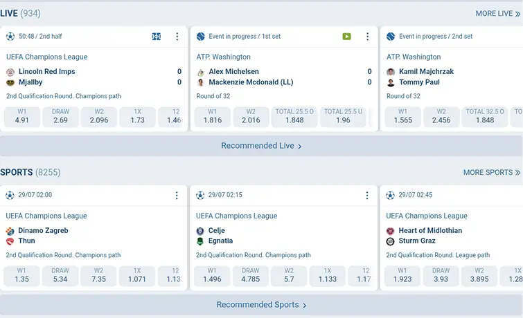 Pre-match and live betting events at 1xBet