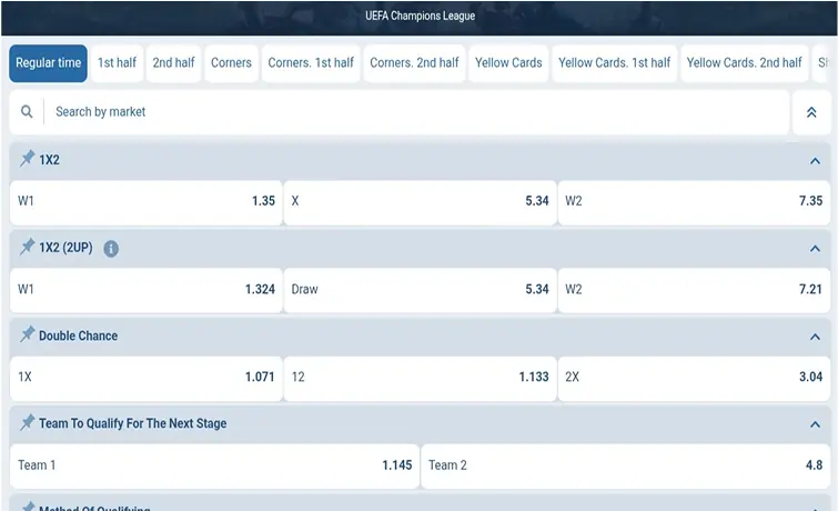 1xBet betting markets and match odds