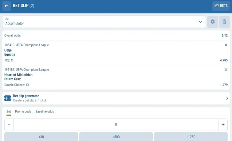 1xBet bet slip with accumulator selections