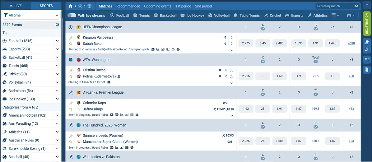 1xBet sportsbook with sports and betting events
