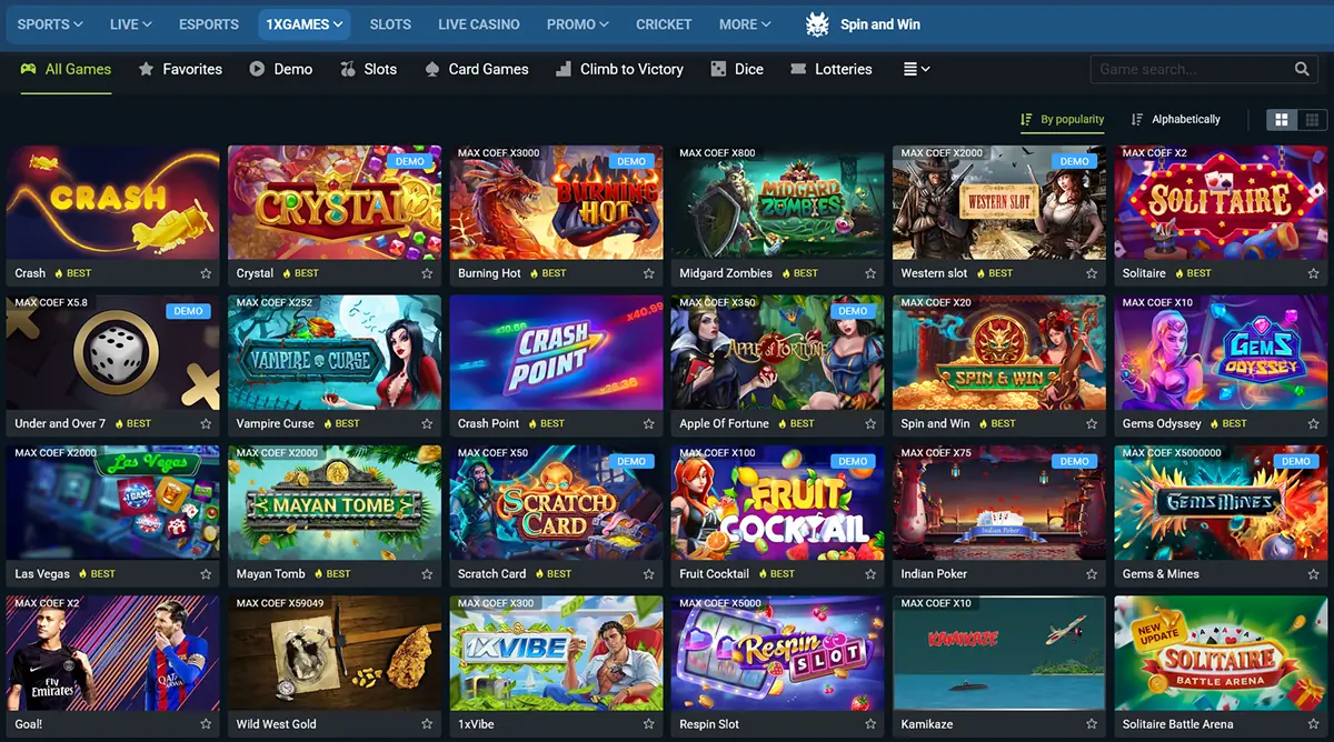1xBet casino lobby with slots and instant games